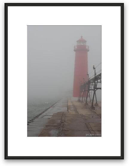 Lighthouse in thick Lake Michigan fog Framed Fine Art Print
