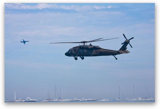 Army UH-60 Black Hawk Helicopter and B1-B Lancer Fine Art Metal Print