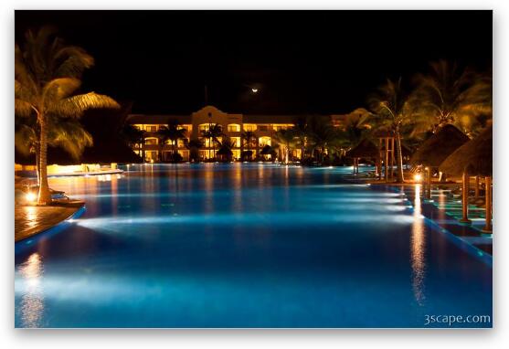 Night shot of the main pool area with moon visible Fine Art Metal Print