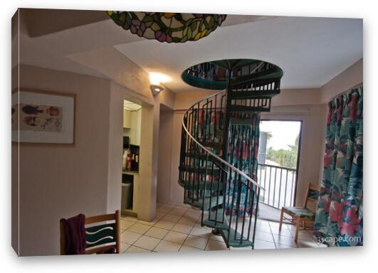 Interior of bungalo (condo) at Coco Plum Resort (spiral staircase) Fine Art Canvas Print