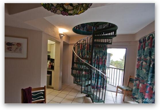 Interior of bungalo (condo) at Coco Plum Resort (spiral staircase) Fine Art Print