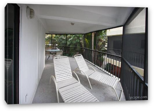 Interior of bungalo (condo) at Coco Plum Resort - screened in patio Fine Art Canvas Print