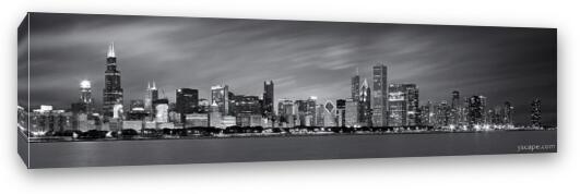 Chicago Skyline At Night Black And White Panoramic Fine Art Canvas Print