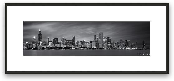 Chicago Skyline At Night Black And White Panoramic Framed Fine Art Print