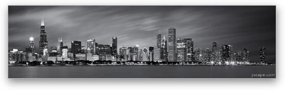 Chicago Skyline At Night Black And White Panoramic Fine Art Metal Print
