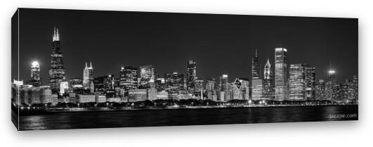 Chicago Skyline at Night Black and White Panoramic Fine Art Canvas Print