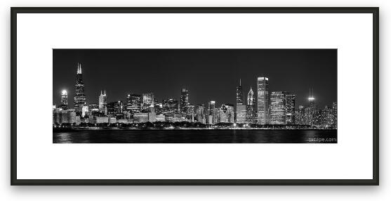 Chicago Skyline at Night Black and White Panoramic Framed Fine Art Print
