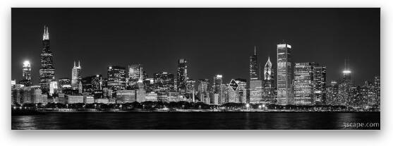 Chicago Skyline at Night Black and White Panoramic Fine Art Metal Print