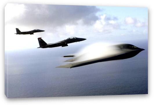 B2- Spirit and F-15 Strike Eagles in formation Fine Art Canvas Print