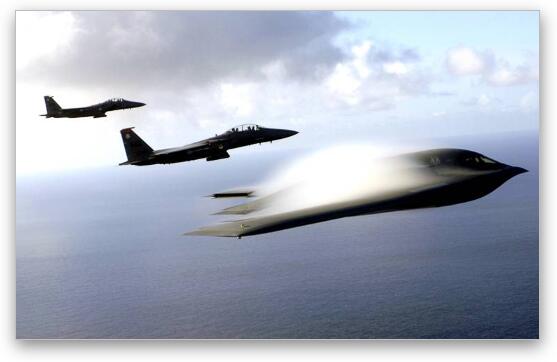 B2- Spirit and F-15 Strike Eagles in formation Fine Art Metal Print